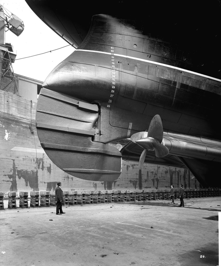 Detail of Rudder and inner propellers of the 'Aquitania' (1914) by Bedford Lemere & Co.