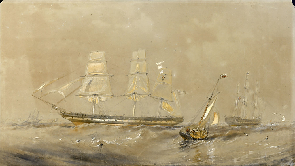 Detail of 'Agamemnon' at sea, a cutter in the foreground by Oswald Walter Brierly