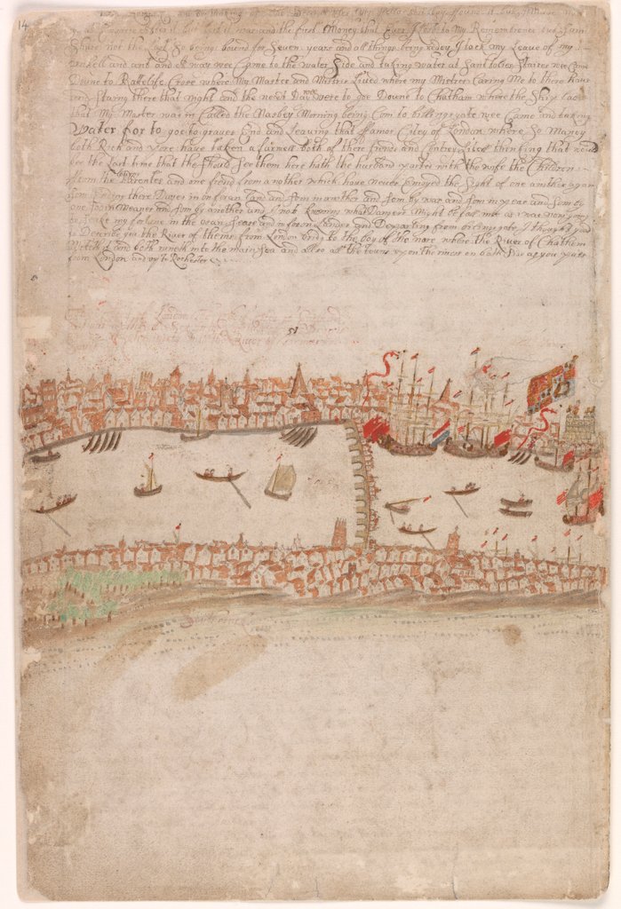 Detail of Edward Barlows Journal - Barlow travels with his new master's wife towards Chatham, where the 'Naseby' is lying. by Edward Barlow