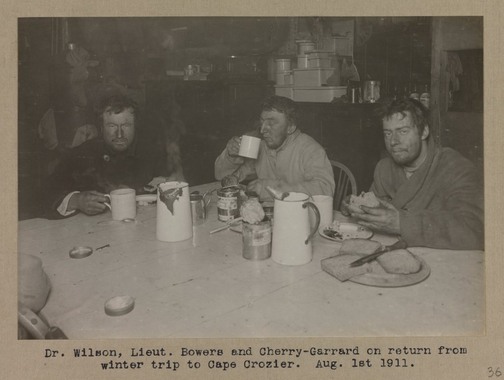 Detail of Dr. Wilson, Lieutenant Bowers and Cherry-Garrard on return from winter trip to Cape Crozier by Herbert George Ponting